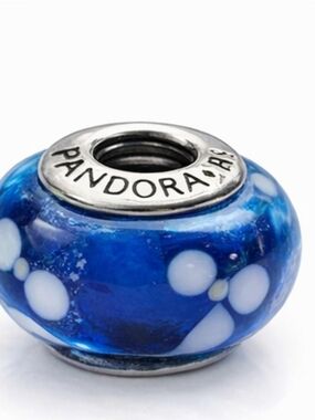 Pandora Blue Murano Glass Charm White Polka Dot ALE Sterling Silver Bead